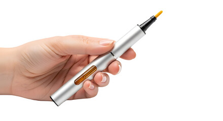 Woman's hand holding a sleek silver precision applicator pen for cosmetics or detailing. isolated PNG with Transparent Background