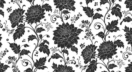 Beautiful chrysanthemum seamless floral pattern, elegant botanical leaves background in black and white, decorative texture design, CAD drawing flat vector illustration.