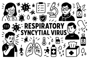 Respiratory syncytial virus doodle composition with patients, medicine, and prevention icons, Transparent Background