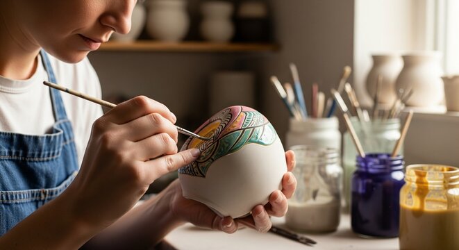 Artist Painting Decorative Ceramic Bowl with Brushes in Studio