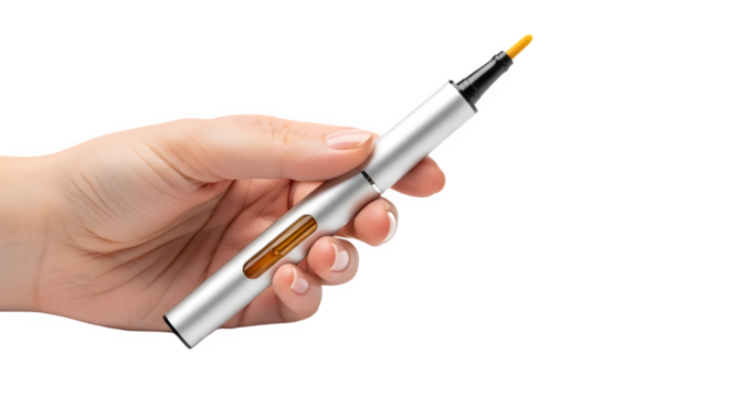 Woman's hand holding a sleek silver precision applicator pen for cosmetics or detailing. isolated PNG with Transparent Background