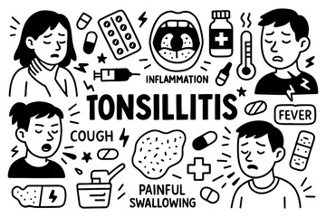 Tonsillitis medical doodle icons with throat pain and swelling symptoms in hand-drawn style, Transparent Background
