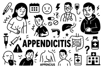 Appendicitis medical doodle icons with abdominal pain and treatment elements in hand-drawn style, Transparent Background