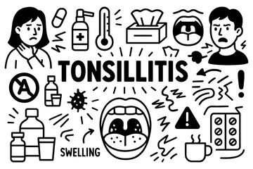 Tonsillitis medical doodle icons with throat pain and swelling symptoms in hand-drawn style, Transparent Background