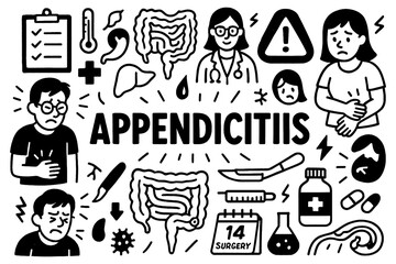 Appendicitis medical doodle icons with abdominal pain and treatment elements in hand-drawn style, Transparent Background