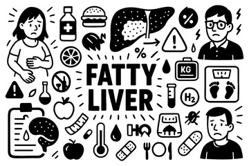 Fatty liver medical doodle icons with symptoms, doctor, and risk factors in hand-drawn style, Transparent Background