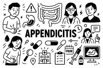 Appendicitis medical doodle icons with abdominal pain and treatment elements in hand-drawn style, Transparent Background
