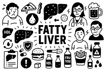 Fatty liver medical doodle icons with symptoms, doctor, and risk factors in hand-drawn style, Transparent Background