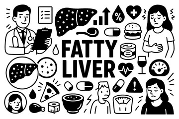 Fatty liver medical doodle icons with symptoms, doctor, and risk factors in hand-drawn style, Transparent Background