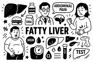 Fatty liver medical doodle icons with symptoms, doctor, and risk factors in hand-drawn style, Transparent Background