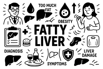 Fatty liver medical doodle icons with symptoms, doctor, and risk factors in hand-drawn style, Transparent Background