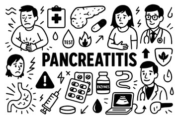 Pancreatitis medical doodle icons with symptoms and treatment elements in hand-drawn style, Transparent Background