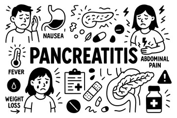 Pancreatitis medical doodle icons with symptoms and treatment elements in hand-drawn style, Transparent Background