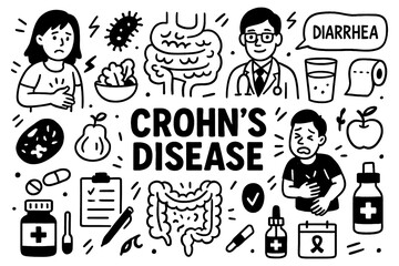 Crohn’s disease medical doodle icons with digestive symptoms and treatment in hand-drawn style, Transparent Background