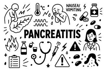 Pancreatitis medical doodle icons with symptoms and treatment elements in hand-drawn style, Transparent Background