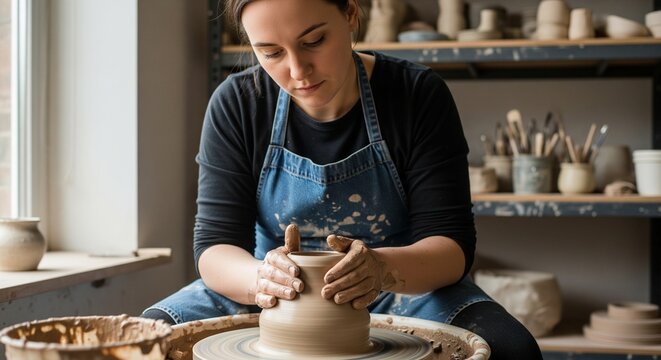 Woman Shaping Clay Pot on Potter's Wheel in Artistic Studio