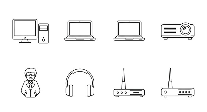 Digital Devices and Accessories: A collection of various digital devices and accessories essential in modern work and leisure. Designed in clean lines, they capture the simplicity of today's tech.