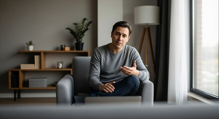 Man Sitting in Modern Living Room Engaged in Online Conversation