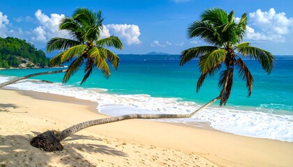 Two palm trees on sandy beach meet azure ocean under bright sun and fluffy white clouds