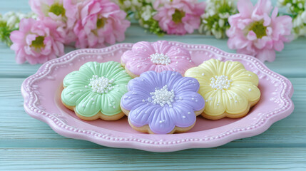 Colorful flower-shaped cookies with icing on a pastel pink plate.