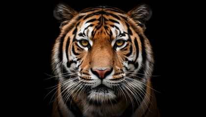 Naklejka premium a majestic tiger with piercing eyes stares intensely against a stark black background creating a powerful visual impact high quality professional