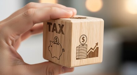 Wooden Tax Cube with Symbols of Savings, Growth, and Finance Icons