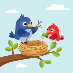 Two cartoon birds are building a nest together on a tree branch, teamwork and nature.