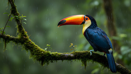 Obraz premium a vibrant toucan perched on mossy branch amidst lush greenery under gentle raindrops falling high quality professional detailed modern elegant stylish