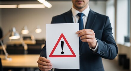 Businessman Holding Warning Sign in Modern Office Environment