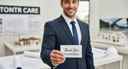 Professional Man Showing Business Card in Modern Office Environment
