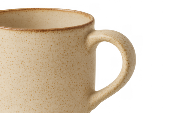 Ceramic stoneware mug, textured beige surface with handle, serving coffee or tea, transparent background