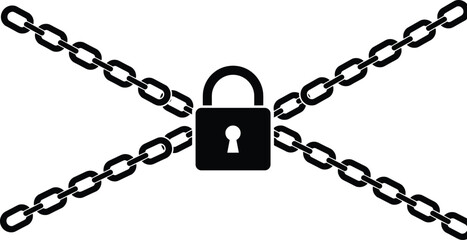 Security lock with crossed metal chains, padlock protection concept, privacy safety symbol, CAD drawing flat vector illustration, isolated design icon.