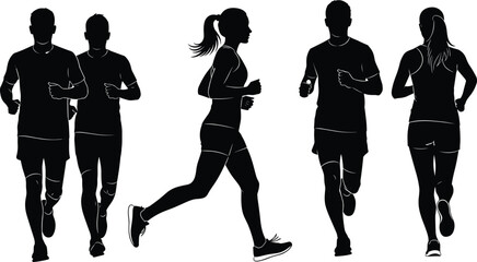 PrintRunning people silhouettes, athletic motion, black figures, fitness concept, exercise design, vector clipart, isolated background, sports theme, dynamic movement