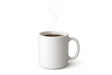White ceramic coffee mug holding hot black brew with steam rising, ready for morning caffeine boost. Transparent background