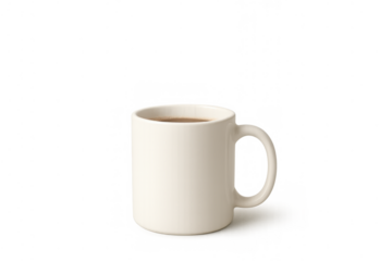 White ceramic coffee mug filled with hot beverage, drink isolated with transparent background