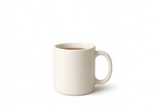 White ceramic coffee mug filled with hot beverage, drink isolated with transparent background