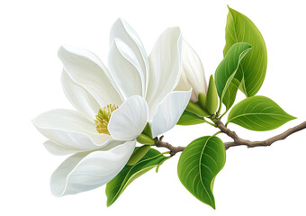 Obraz premium White Magnolia Flower with Green Leaves isolated on a transparent background