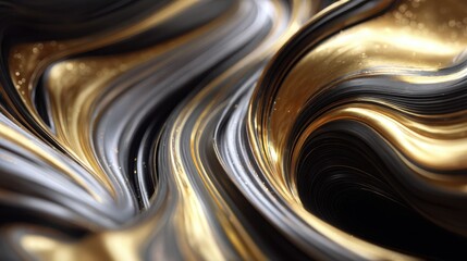 Elegant swirl of black and gold liquid texture with shiny details and smooth flow for backgrounds and abstract designs