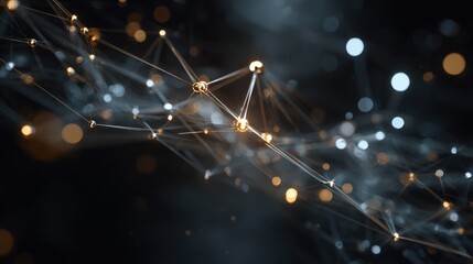 Abstract network of glowing particles and connecting lines in dark tones representing digital technology and scientific concepts