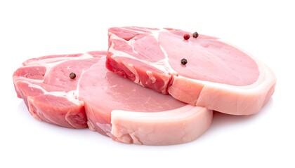 Three pork chops, marbled and pink, stacked on white, with black peppercorns on top