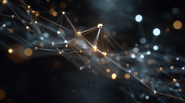 Abstract network of glowing particles and connecting lines in dark tones representing digital technology and scientific concepts