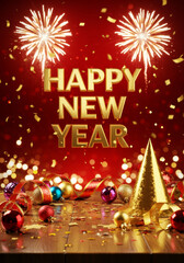 Happy New Year 2025 Celebration Concept with Fireworks and Ribbon Decorations