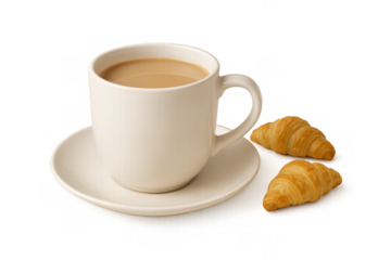 Enjoying a french breakfast with creamy coffee in a mug and two golden croissants, transparent background
