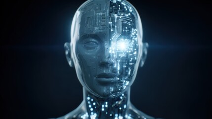 Futuristic Robot Head with Digital Circuitry and Glowing Elements Representing Artificial Intelligence and Technology