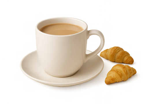 Enjoying a french breakfast with creamy coffee in a mug and two golden croissants, transparent background - Powered by Adobe