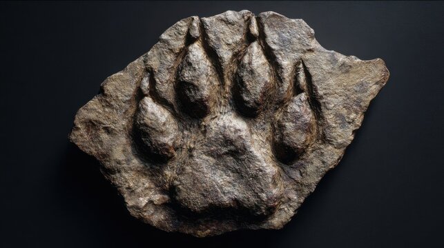 Realistic fossilized animal paw print imprint displayed on a dark background for educational and artistic purposes
