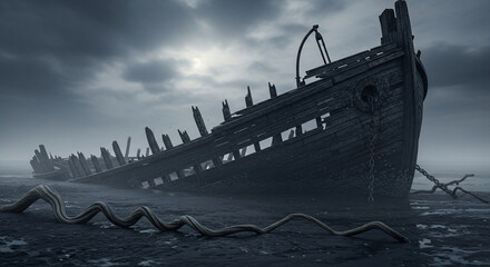 Dark shipwreck on a beach under a cloudy sky with driftwood in the foreground
