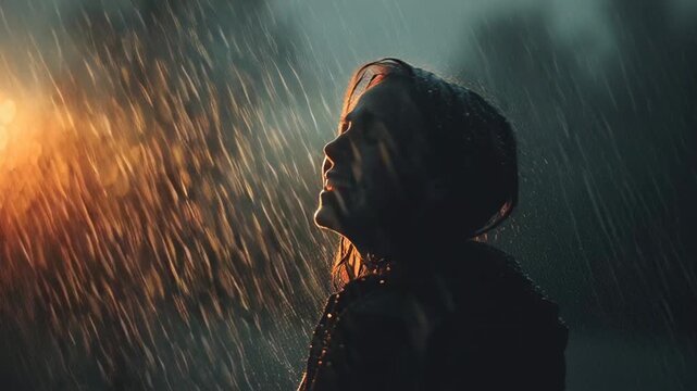 Woman looks up at the rain feeling free and serene, enjoying the moment of peace and renewal in a cinematic dramatic scene