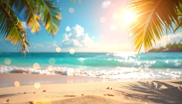 Tropical beach scene featuring sand, turquoise water, palm trees, sunshine, and sparkling bokeh effects - Powered by Adobe