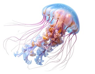A vibrant, close-up capture of a jellyfish against a bright white backdrop, showcasing its delicate form and colorful details